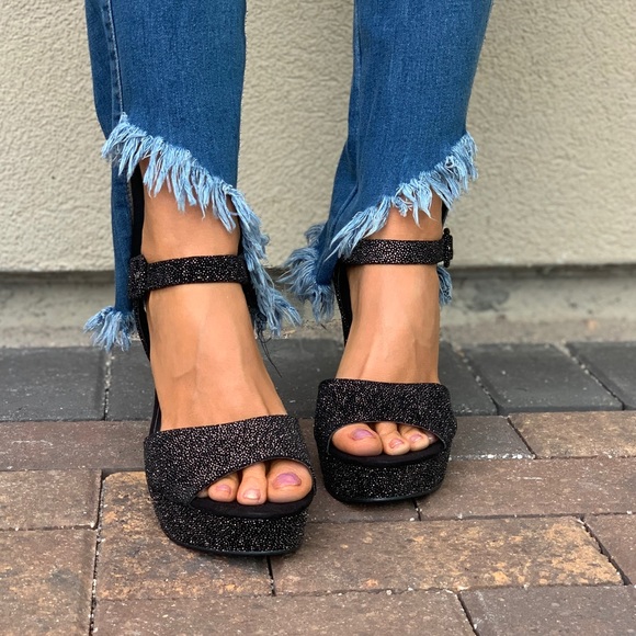 Midnight Black Shimmering Chunky Heel Platform - Picture 3 of 8